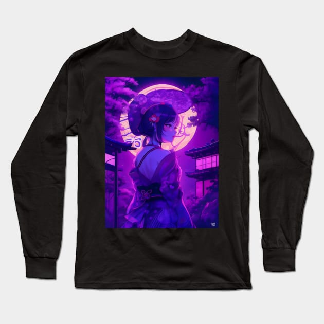 Purple neon Japanese girl Long Sleeve T-Shirt by Spaceboyishere